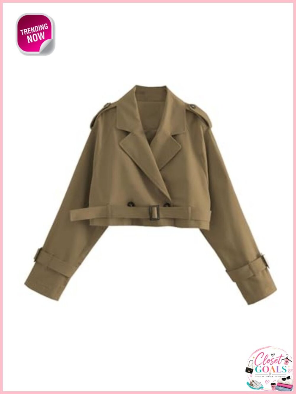 Women's Cropped Trench Coat Double Breasted Belted Casual Jacket